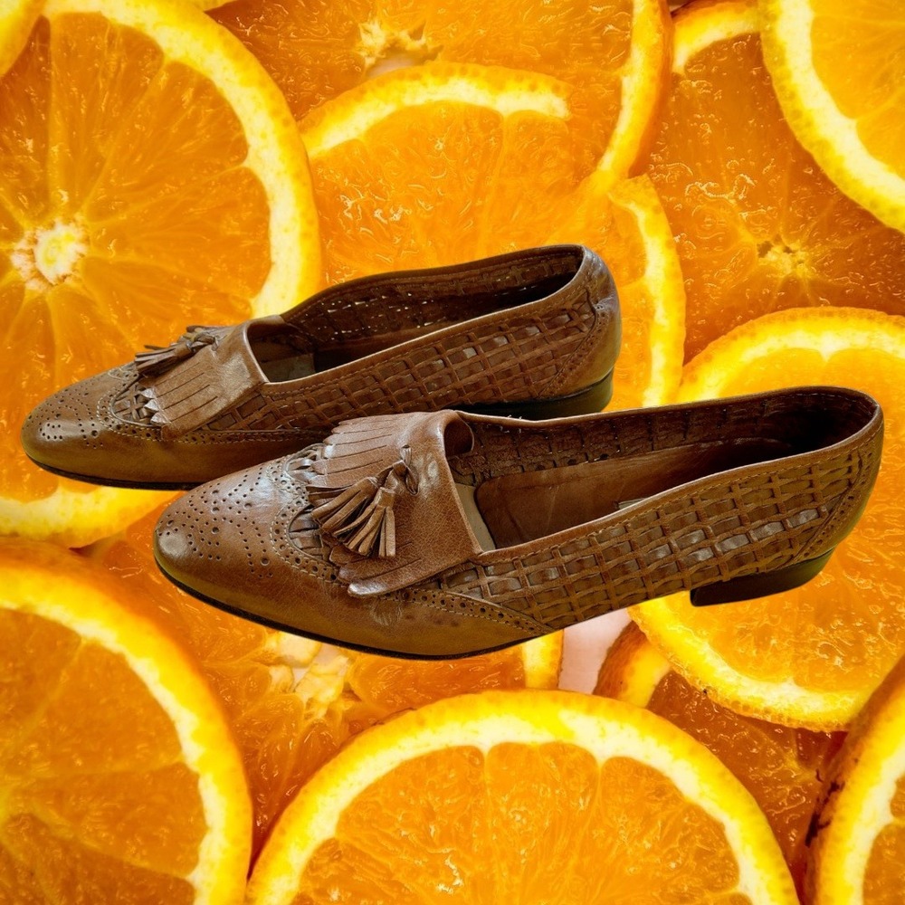 Stanley Blacker Brown Woven Leather Tassel Kiltie Wingtip Loafers Mens 11 Italy